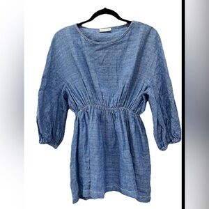 Megan Park Blue Textured Tunic Top Size 2 Elastic Waist Boho Peasant Blouse